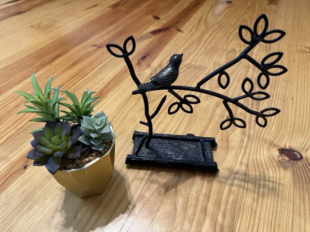 Jewelry Tree Earring Necklace Hanger Holder w/ Ring Dish Tray Black Bronze Metal